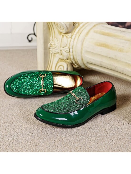 Men\'s Green Rubber Sole Leather Sparkly Sequins Loafers Gold Buckle Party Shoes main image 6